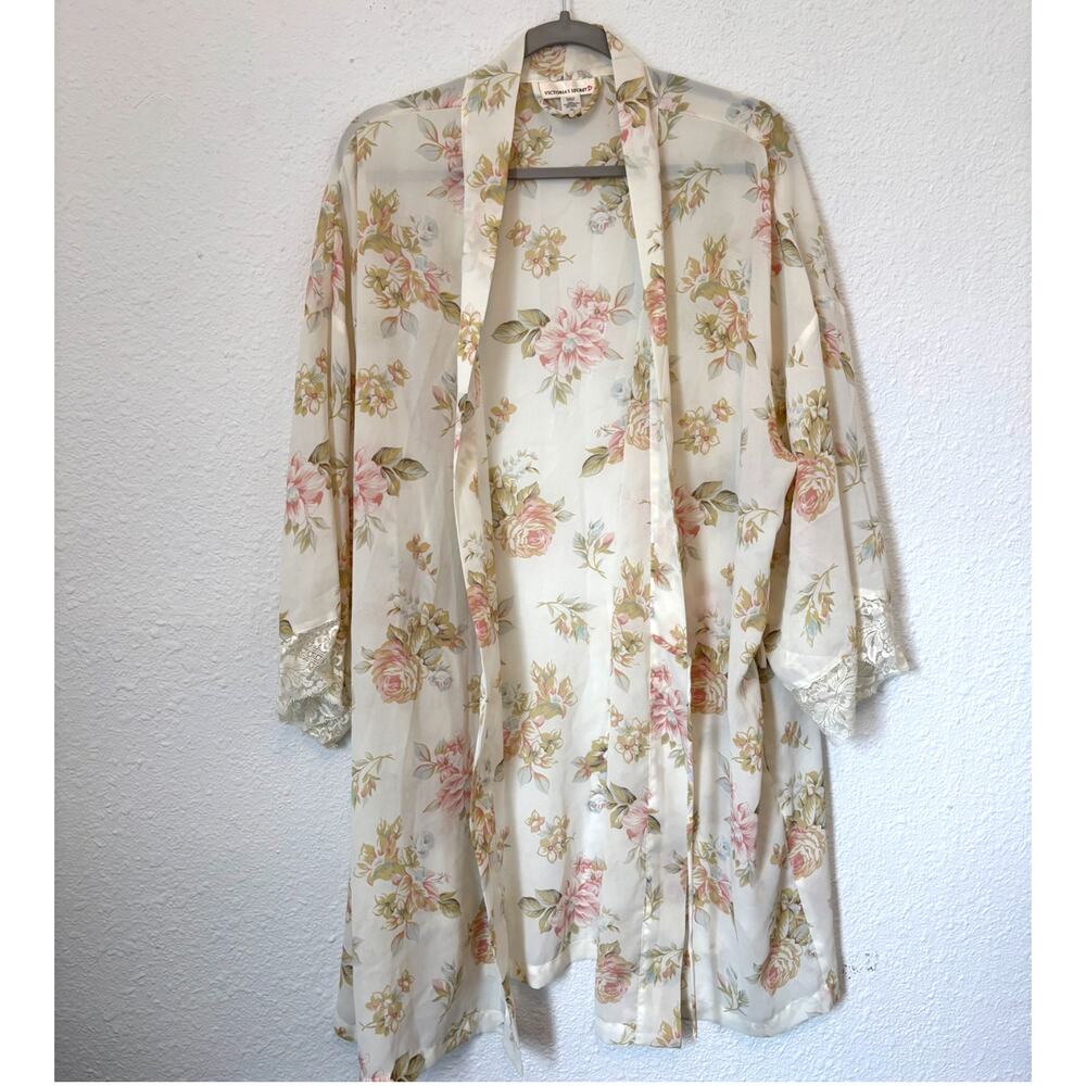 Vintage Victoria's Secret Floral Robe Coquette Lace Trim XL Fairy Cottage